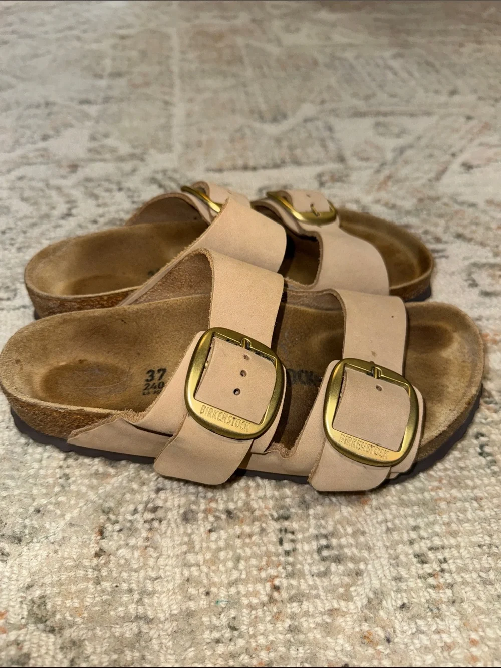 Birkenstock Women’s Double Strap Sandals in Taupe with Gold Buckles - Picture 2 of 5